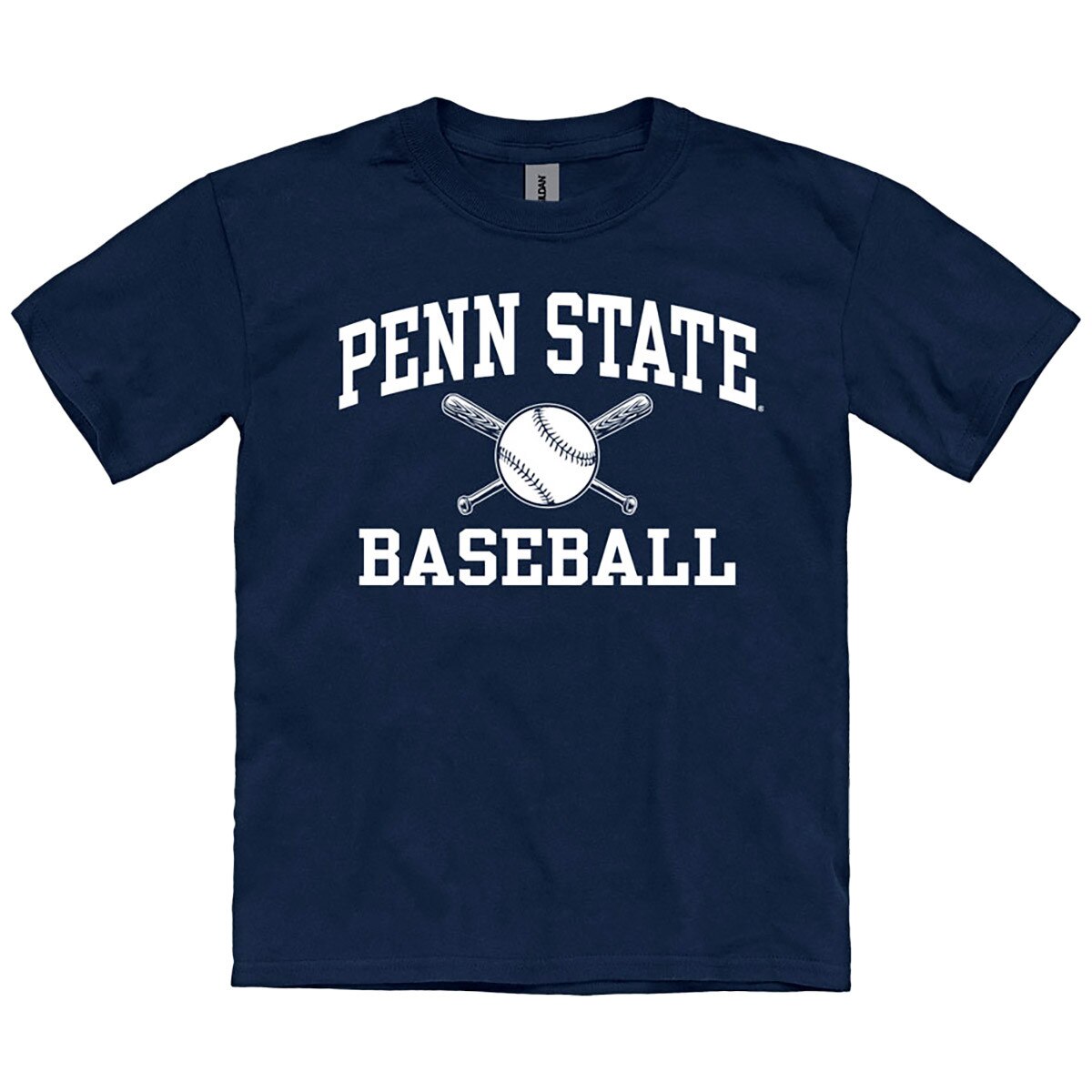 youth navy short sleeve t-shirt with Penn State Baseball and baseball & bats graphic